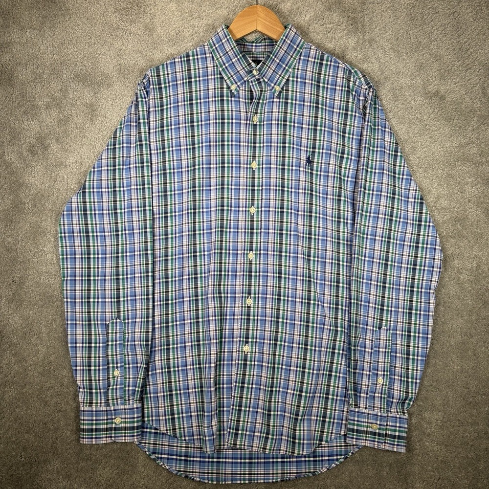 Polo Ralph Lauren Shirt Mens M Blue Plaid Classic Fit Performance Nylon Logo